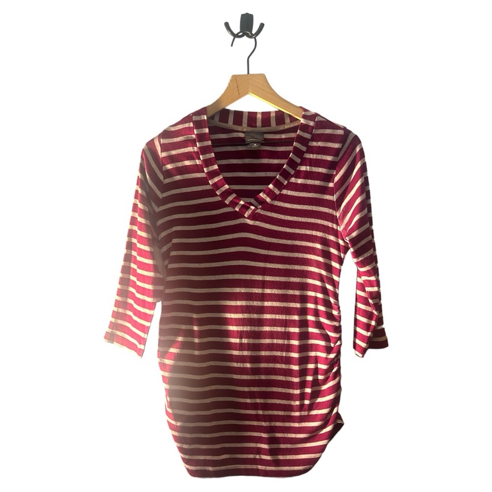 Oh! MAMA Maternity Top Striped V‎ Neck 3/4 Sleeve Ruched Sides Medium